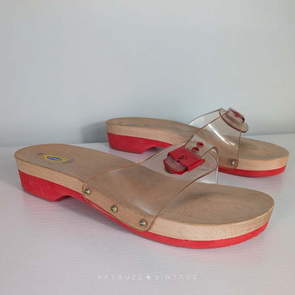 Dr Scholls Exercise Sandals 10 Clear Red Wooden Leather Italy Buckle PVC Y2K